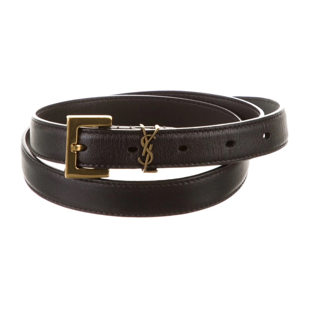 Yves Saint Laurent women’s black Leather Belt with Gold Buckle